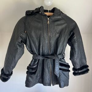 Vintage Black Leather Jacket Hooded Faux Fur Trim Coat Biker Moto Boho XL‎